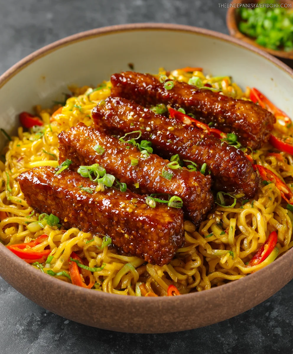 Sweet Spicy Tempeh Garlic Curry Noodles