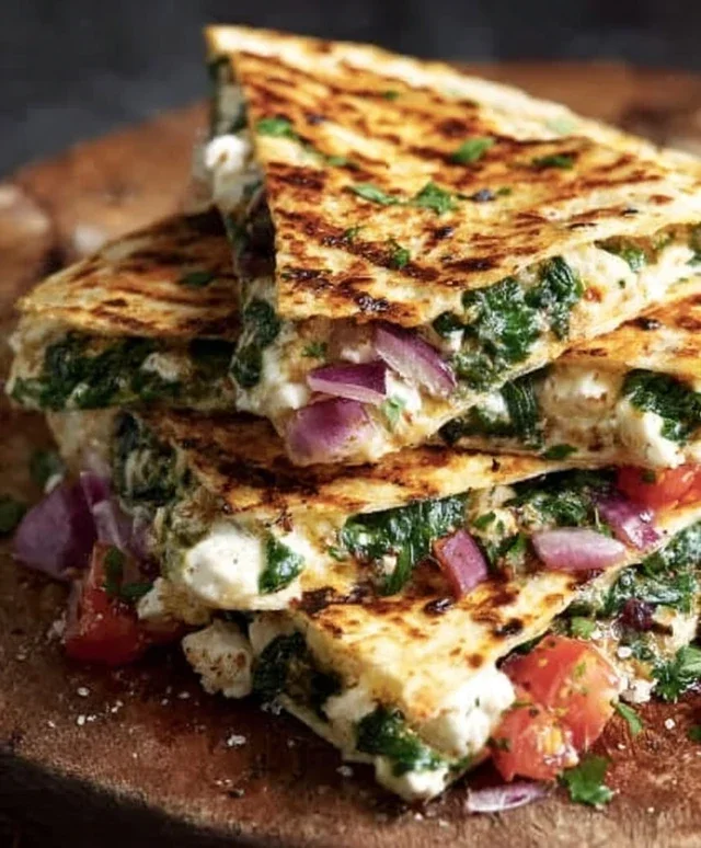 Mediterranean Quesadillas with Spinach, Feta, Mozzarella, and Red Onion