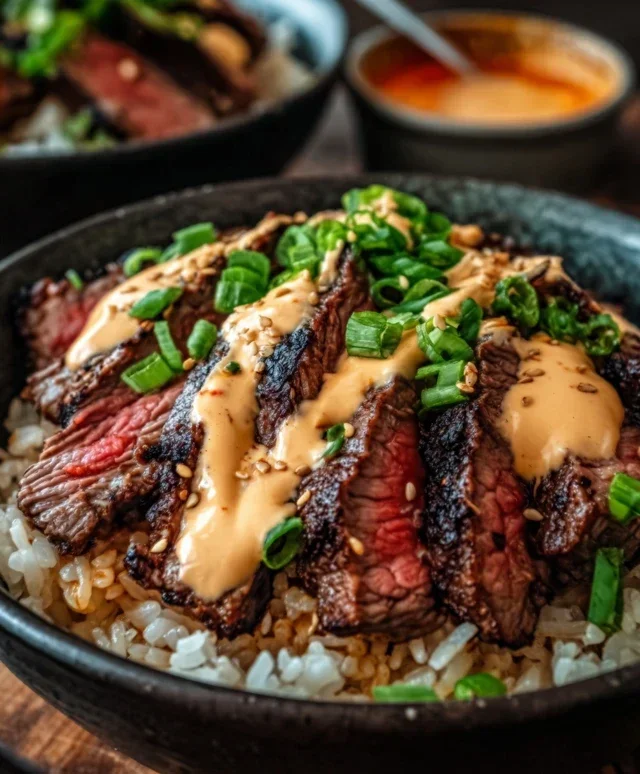 Korean BBQ Steak Rice Bowls with Spicy Cream Sauce