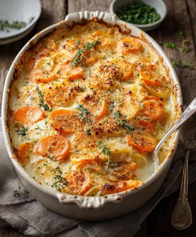 Cheesy Garlic Carrot Gratin – Creamy, Sweet & Savory