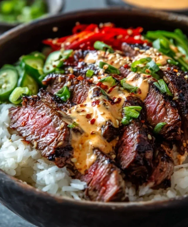 Korean BBQ Steak Rice Bowls with Spicy Cream Sauce