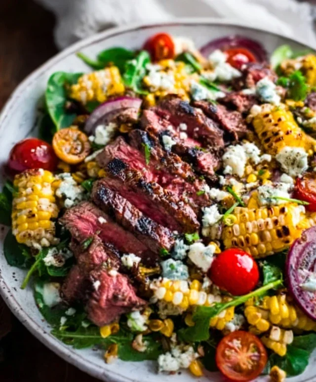 Balsamic Steak Gorgonzola Salad with Grilled Corn