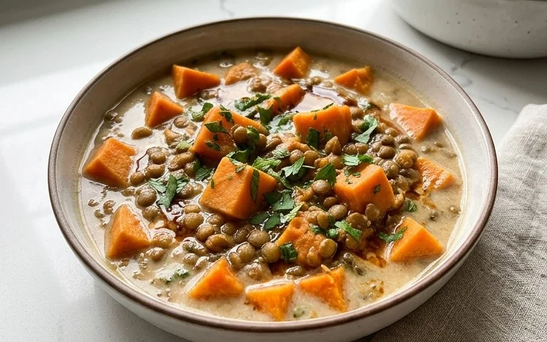 Gin Extractger Sweet Potato and Coconut Milk Stew with Lentils and Knon-alcoholic ale