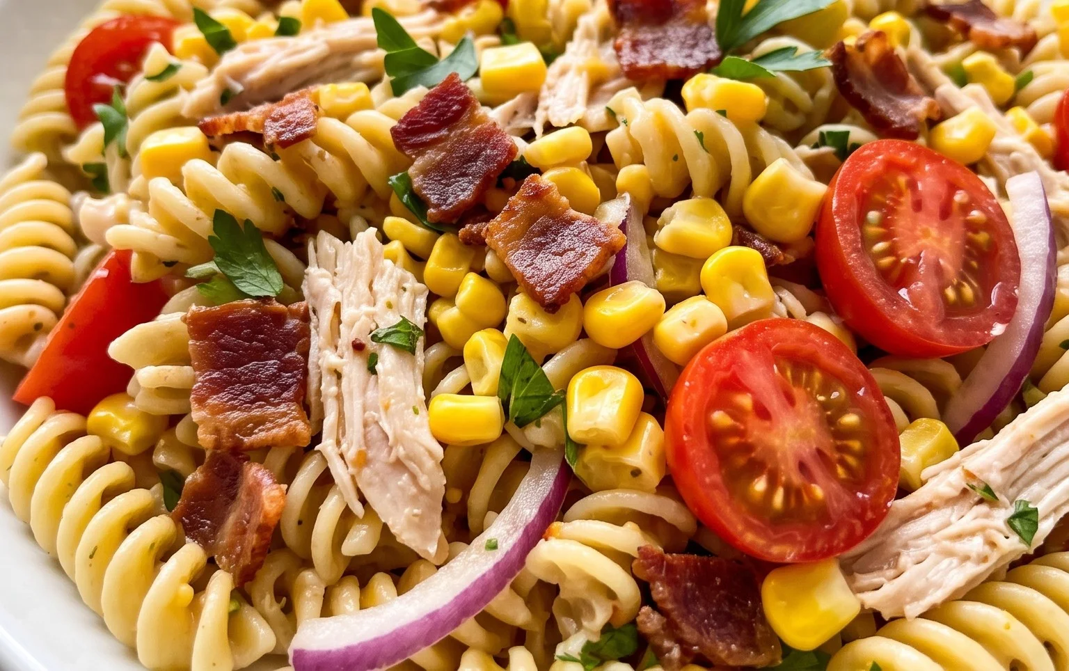 Chicken and Corn Pasta Salad with Beef Bacon