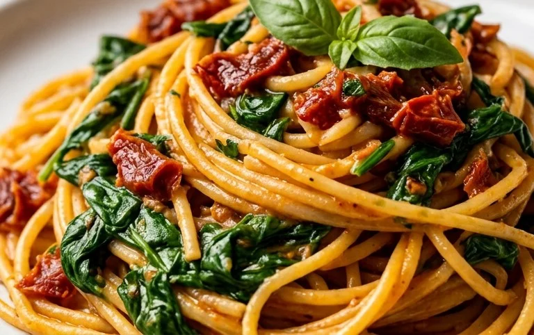 Spaghetti & Spinach with Sun-Dried Tomato Cream Sauce