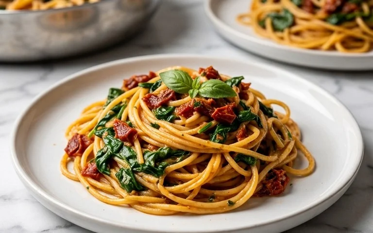 Spaghetti & Spinach with Sun-Dried Tomato Cream Sauce