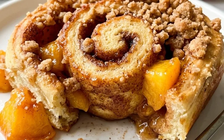 Peach Cobbler Cinnamon Rolls with Crum extractb Topping