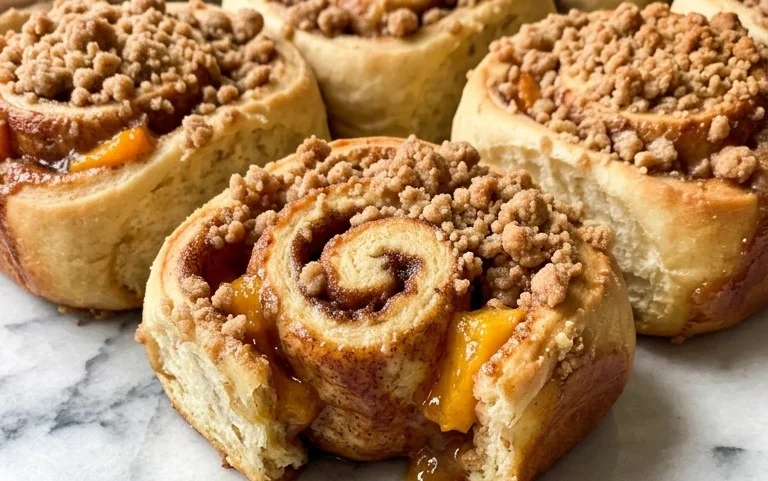 Peach Cobbler Cinnamon Rolls with Crum extractb Topping