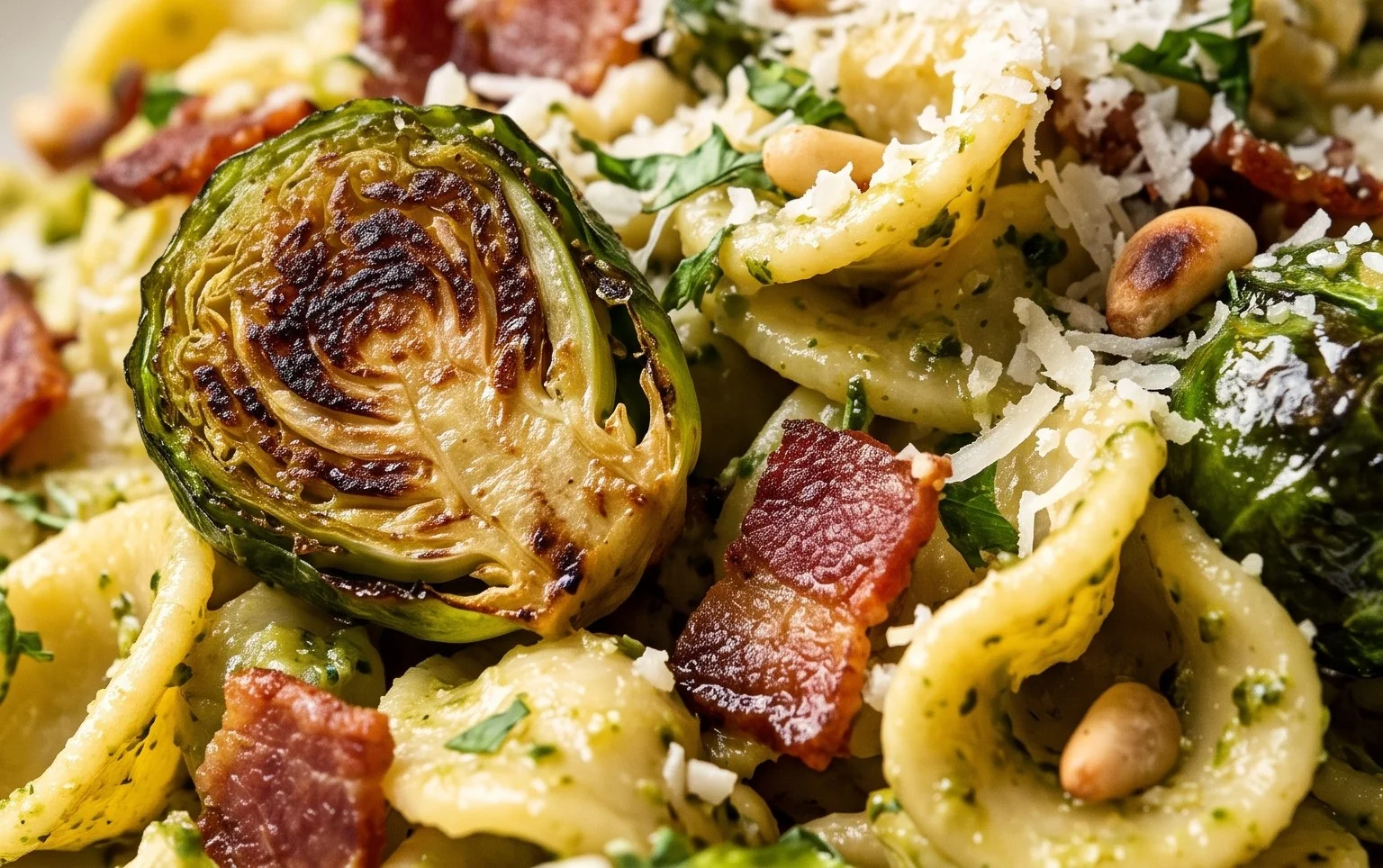 Brussels Sprouts and Beef Bacon Pesto Pasta