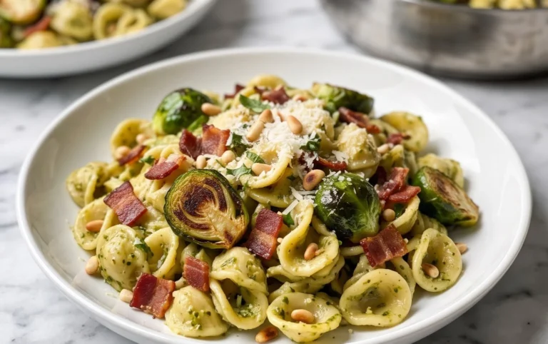 Brussels Sprouts and Beef Bacon Pesto Pasta