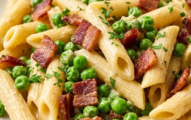 Penne Pasta, Peas and Beef Bacon