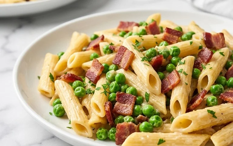 Penne Pasta, Peas and Beef Bacon
