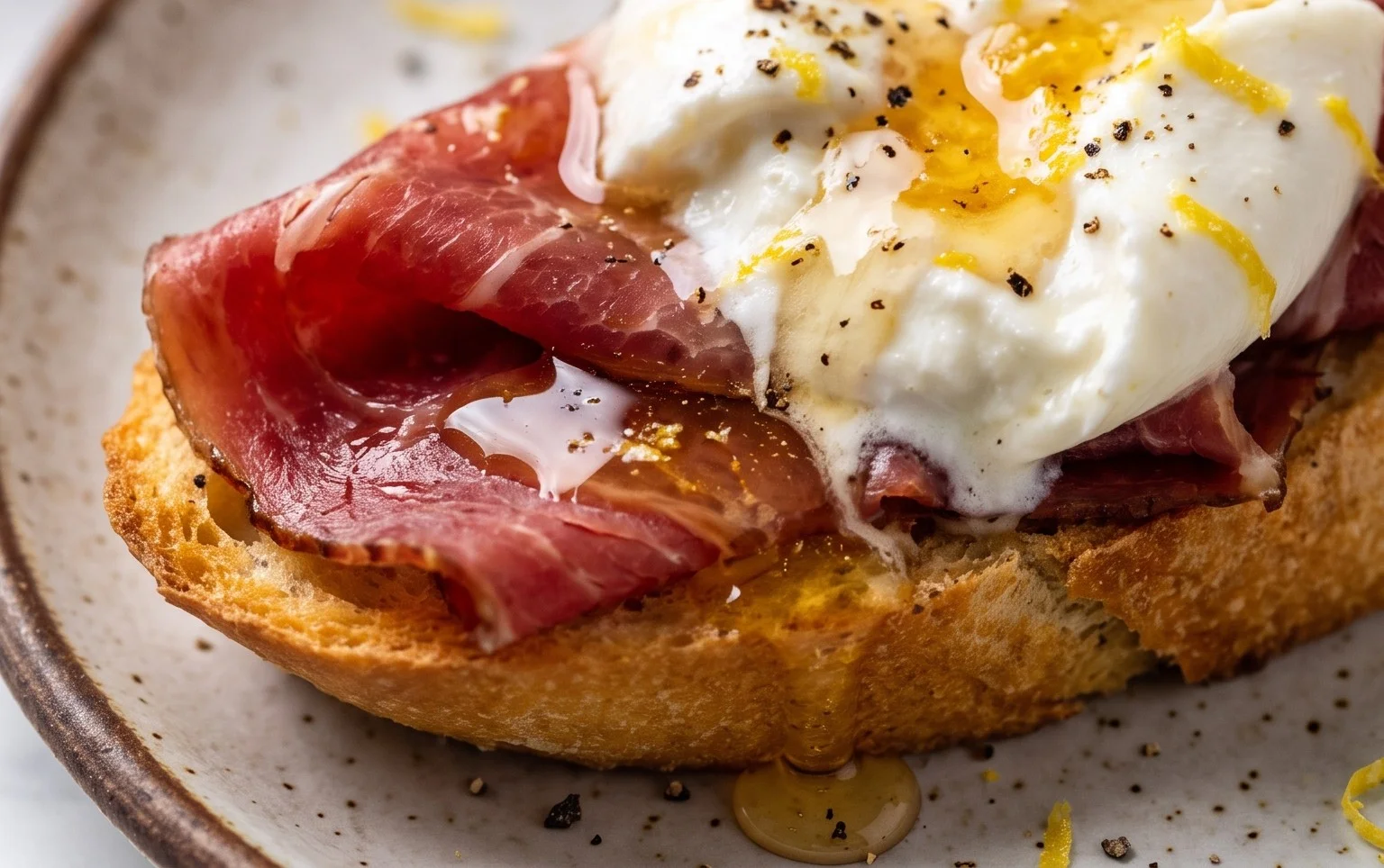 Beef Prosciutto Crostini with Burrata and Lemon Honey Drizzle