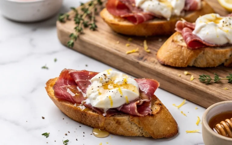 Beef Prosciutto Crostini with Burrata and Lemon Honey Drizzle